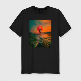 Мужская футболка хлопок Slim с принтом Одинокий Астронавт в Тюмени, 92% хлопок, 8% лайкра | приталенный силуэт, круглый вырез ворота, длина до линии бедра, короткий рукав | astronaut | clouds | echoes | full moon | horizon | lonely | moon | past | red | sky | space suit | sun | sunset | twilight | астронавт | горизонт | закат | красная | красное | луна | небо | облака | одинокий | отголоски | полнолуние | прошлого | скафандр