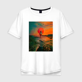 Мужская футболка хлопок Oversize с принтом Одинокий Астронавт в Тюмени, 100% хлопок | свободный крой, круглый ворот, “спинка” длиннее передней части | astronaut | clouds | echoes | full moon | horizon | lonely | moon | past | red | sky | space suit | sun | sunset | twilight | астронавт | горизонт | закат | красная | красное | луна | небо | облака | одинокий | отголоски | полнолуние | прошлого | скафандр