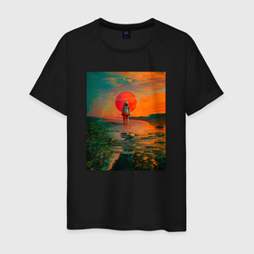 Мужская футболка хлопок с принтом Одинокий Астронавт в Тюмени, 100% хлопок | прямой крой, круглый вырез горловины, длина до линии бедер, слегка спущенное плечо. | astronaut | clouds | echoes | full moon | horizon | lonely | moon | past | red | sky | space suit | sun | sunset | twilight | астронавт | горизонт | закат | красная | красное | луна | небо | облака | одинокий | отголоски | полнолуние | прошлого | скафандр