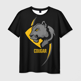 Мужская футболка 3D с принтом Cougar   пума в Курске, 100% полиэфир | прямой крой, круглый вырез горловины, длина до линии бедер | cat | cougar | emblem | gaze | harsh | predator | wild | взгляд | дикая | кошка | пума | суровый | хищник | эмблема