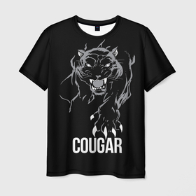 Мужская футболка 3D с принтом Cougar on the hunt   Пума на охоте в Новосибирске, 100% полиэфир | прямой крой, круглый вырез горловины, длина до линии бедер | Тематика изображения на принте: cat | cougar | gaze | hunting | predator | stalking | wild | взгляд | дикая | кошка | крадется | на охоте | пума | хищник