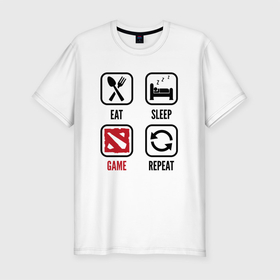 Мужская футболка хлопок Slim с принтом Eat   Sleep   Dota   Repeat в Санкт-Петербурге, 92% хлопок, 8% лайкра | приталенный силуэт, круглый вырез ворота, длина до линии бедра, короткий рукав | Тематика изображения на принте: dota | eat sleep repeat | logo | дота | игра | игры | лого | логотип | символ