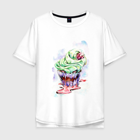 Мужская футболка хлопок Oversize с принтом Монстр Капкейк в Курске, 100% хлопок | свободный крой, круглый ворот, “спинка” длиннее передней части | акварель | еда | капкейк | монстр | хэлоуин