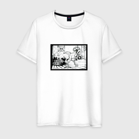 Мужская футболка хлопок с принтом Дайно кризис в Петрозаводске, 100% хлопок | прямой крой, круглый вырез горловины, длина до линии бедер, слегка спущенное плечо. | бумага | динозавр | динозавры | кризис | раптор | черно белое