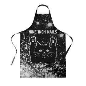Фартук 3D с принтом Группа Nine Inch Nails и Рок Кот в Новосибирске, 100% полиэстер | общий размер — 65 х 85 см, ширина нагрудника — 26 см, горловина — 53 см, длина завязок — 54 см, общий обхват в поясе — 173 см. Принт на завязках и на горловине наносится с двух сторон, на основной части фартука — только с внешней стороны | band | inch | metal | nails | nine | nine inch nails | rock | группа | инч | кот | краска | краски | найн | нэйлс | рок | рок кот