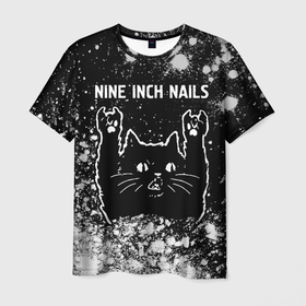 Мужская футболка 3D с принтом Группа Nine Inch Nails и Рок Кот в Белгороде, 100% полиэфир | прямой крой, круглый вырез горловины, длина до линии бедер | band | inch | metal | nails | nine | nine inch nails | rock | группа | инч | кот | краска | краски | найн | нэйлс | рок | рок кот