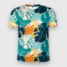 Мужская футболка 3D Slim с принтом Летние зелёные тропики | Пальма | Tropical в Тюмени, 100% полиэстер с улучшенными характеристиками | приталенный силуэт, круглая горловина, широкие плечи, сужается к линии бедра | Тематика изображения на принте: palm | pattern | summer | tropical | гавайка | гавайский рисунок | курорт | летний камуфляж | летний узор | листки | листы | пальмы | паттерн | тропик | тропический рисунок | узор | узор для лета | южные тропики