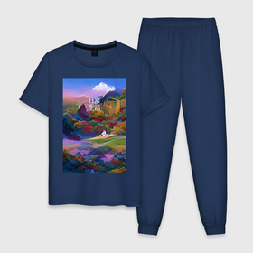 Мужская пижама хлопок с принтом Абстрактный пейзаж в Новосибирске, 100% хлопок | брюки и футболка прямого кроя, без карманов, на брюках мягкая резинка на поясе и по низу штанин
 | абстракция | азия | живопись | иероглифы | пейзаж | повседневность | разноцветный | японский