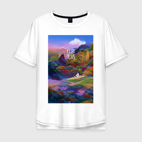 Мужская футболка хлопок Oversize с принтом Абстрактный пейзаж в Санкт-Петербурге, 100% хлопок | свободный крой, круглый ворот, “спинка” длиннее передней части | Тематика изображения на принте: абстракция | азия | живопись | иероглифы | пейзаж | повседневность | разноцветный | японский