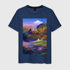 Мужская футболка хлопок с принтом Абстрактный пейзаж в Екатеринбурге, 100% хлопок | прямой крой, круглый вырез горловины, длина до линии бедер, слегка спущенное плечо. | абстракция | азия | живопись | иероглифы | пейзаж | повседневность | разноцветный | японский