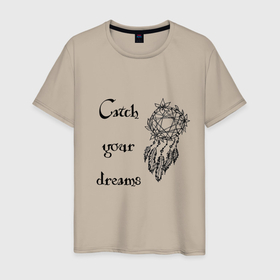 Мужская футболка хлопок с принтом Catch your dreams в Курске, 100% хлопок | прямой крой, круглый вырез горловины, длина до линии бедер, слегка спущенное плечо. | dream catcher | hand drawn | графика | леттеринг | ловец снов | мечта | мечты | мотивация | музыка ветра | нарисовано вручную | перья | подвеска | сны | сон | фантазия | цветы