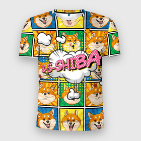 Мужская футболка 3D Slim с принтом Pop art shiba inu в Санкт-Петербурге, 100% полиэстер с улучшенными характеристиками | приталенный силуэт, круглая горловина, широкие плечи, сужается к линии бедра | dog | shiba | shiba inu | сиба | сибаину | собака | японская собака
