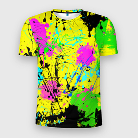Мужская футболка 3D Slim с принтом Абстрактная картина в разноцветный неоновых тонах. 