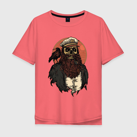 Мужская футболка хлопок Oversize с принтом пират скелет в Курске, 100% хлопок | свободный крой, круглый ворот, “спинка” длиннее передней части | Тематика изображения на принте: борода | ворон | закат | пират | пиратство | принт | скелет | солнце | трубка | хэллоуин | череп