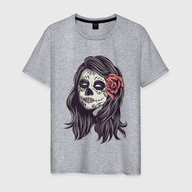 Мужская футболка хлопок с принтом женский череп с розой , 100% хлопок | прямой крой, круглый вырез горловины, длина до линии бедер, слегка спущенное плечо. | женский череп | принт с черепом | роза | скелет | ужас | узор | хэллоуин | цветок | череп