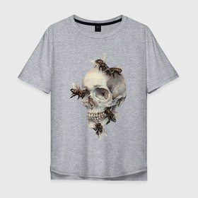 Мужская футболка хлопок Oversize с принтом череп с осами , 100% хлопок | свободный крой, круглый ворот, “спинка” длиннее передней части | Тематика изображения на принте: насекомые | осы | пчелы | скелет | хэллоуин | череп