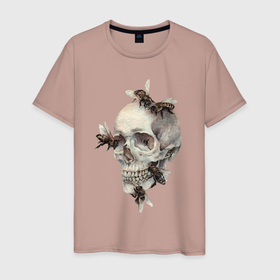 Мужская футболка хлопок с принтом череп с осами в Санкт-Петербурге, 100% хлопок | прямой крой, круглый вырез горловины, длина до линии бедер, слегка спущенное плечо. | насекомые | осы | пчелы | скелет | хэллоуин | череп