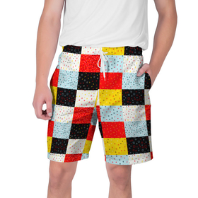 Мужские шорты 3D с принтом MULTICOLORED SQUARE MOSAIC ,  полиэстер 100% | прямой крой, два кармана без застежек по бокам. Мягкая трикотажная резинка на поясе, внутри которой широкие завязки. Длина чуть выше колен | абстрактный | желтый | забавный | квадраты | красный | красочный | многоцветный | мозаика | разноцветный | узор | цветной | черный | яркий