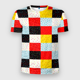 Мужская футболка 3D Slim с принтом MULTICOLORED SQUARE MOSAIC в Екатеринбурге, 100% полиэстер с улучшенными характеристиками | приталенный силуэт, круглая горловина, широкие плечи, сужается к линии бедра | абстрактный | желтый | забавный | квадраты | красный | красочный | многоцветный | мозаика | разноцветный | узор | цветной | черный | яркий