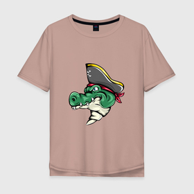 Мужская футболка хлопок Oversize с принтом Крокодил Пират в Кировске, 100% хлопок | свободный крой, круглый ворот, “спинка” длиннее передней части | animals | crocodile | аллигатор | вода | годзилла | джунгли | динозавр | дракон | животные | зубы | крокодил | пират | природа | хищник