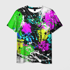 Мужская футболка 3D с принтом Разноцветные пятна краски на черном фоне. в Санкт-Петербурге, 100% полиэфир | прямой крой, круглый вырез горловины, длина до линии бедер | paint stains | paint strokes | абстрактная картина | мазня | пятна | разноцветные пятна | черный