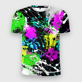 Мужская футболка 3D Slim с принтом Разноцветные пятна краски на черном фоне. в Белгороде, 100% полиэстер с улучшенными характеристиками | приталенный силуэт, круглая горловина, широкие плечи, сужается к линии бедра | paint stains | paint strokes | абстрактная картина | мазня | пятна | разноцветные пятна | черный