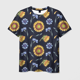 Мужская футболка 3D с принтом Подсолнухи и васильки на темном фоне , 100% полиэфир | прямой крой, круглый вырез горловины, длина до линии бедер | ботаника | василек | васильки | голубые цветы | желтые цветы | крупные цветы | подсолнух | подсолнухи | природа | разные цветы | растения | цветы