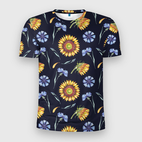 Мужская футболка 3D Slim с принтом Подсолнухи и васильки на темном фоне в Петрозаводске, 100% полиэстер с улучшенными характеристиками | приталенный силуэт, круглая горловина, широкие плечи, сужается к линии бедра | Тематика изображения на принте: ботаника | василек | васильки | голубые цветы | желтые цветы | крупные цветы | подсолнух | подсолнухи | природа | разные цветы | растения | цветы