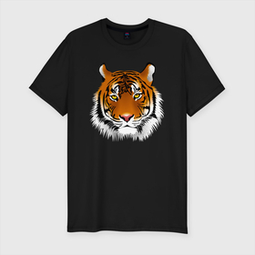 Мужская футболка хлопок Slim с принтом Голова умиротворенного тигра в Петрозаводске, 92% хлопок, 8% лайкра | приталенный силуэт, круглый вырез ворота, длина до линии бедра, короткий рукав | tiger | животное | зверь | кошачие | кошачий | крупная кошка | тигр | тигринный | тигрица | тигры | хищник | царь зверей