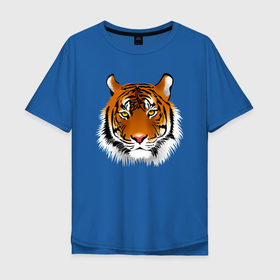Мужская футболка хлопок Oversize с принтом Голова умиротворенного тигра в Белгороде, 100% хлопок | свободный крой, круглый ворот, “спинка” длиннее передней части | tiger | животное | зверь | кошачие | кошачий | крупная кошка | тигр | тигринный | тигрица | тигры | хищник | царь зверей