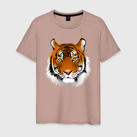 Мужская футболка хлопок с принтом Голова умиротворенного тигра в Новосибирске, 100% хлопок | прямой крой, круглый вырез горловины, длина до линии бедер, слегка спущенное плечо. | tiger | животное | зверь | кошачие | кошачий | крупная кошка | тигр | тигринный | тигрица | тигры | хищник | царь зверей