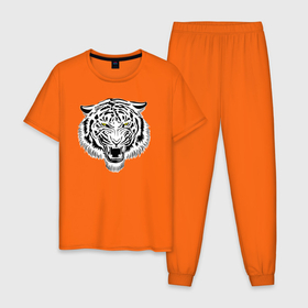 Мужская пижама хлопок с принтом Злой тигриный оскал в Новосибирске, 100% хлопок | брюки и футболка прямого кроя, без карманов, на брюках мягкая резинка на поясе и по низу штанин
 | tiger | животное | зверь | кошачие | кошачий | крупная кошка | тигр | тигринный | тигрица | тигры | хищник | царь зверей