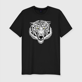Мужская футболка хлопок Slim с принтом Злой тигриный оскал в Екатеринбурге, 92% хлопок, 8% лайкра | приталенный силуэт, круглый вырез ворота, длина до линии бедра, короткий рукав | tiger | животное | зверь | кошачие | кошачий | крупная кошка | тигр | тигринный | тигрица | тигры | хищник | царь зверей