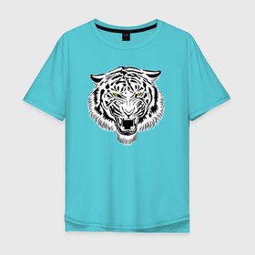 Мужская футболка хлопок Oversize с принтом Злой тигриный оскал в Санкт-Петербурге, 100% хлопок | свободный крой, круглый ворот, “спинка” длиннее передней части | tiger | животное | зверь | кошачие | кошачий | крупная кошка | тигр | тигринный | тигрица | тигры | хищник | царь зверей