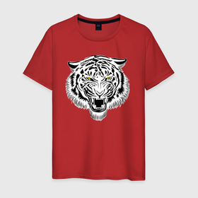 Мужская футболка хлопок с принтом Злой тигриный оскал в Белгороде, 100% хлопок | прямой крой, круглый вырез горловины, длина до линии бедер, слегка спущенное плечо. | tiger | животное | зверь | кошачие | кошачий | крупная кошка | тигр | тигринный | тигрица | тигры | хищник | царь зверей