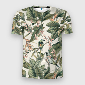 Мужская футболка 3D Slim с принтом ПТИЦЫ В РАЙСКОМ САДУ С ЦВЕТАМИ в Екатеринбурге, 100% полиэстер с улучшенными характеристиками | приталенный силуэт, круглая горловина, широкие плечи, сужается к линии бедра | лето | птицы | рай | сад | цветы