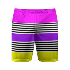 Мужские шорты спортивные с принтом Яркие неоновые полосы в сочетании с черно белыми полосками. в Кировске,  |  | neon stripes | stripes | желтый неоновый | неоноые полосы | полосаты узор | розовый неоновый