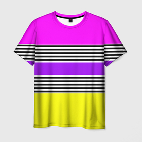 Мужская футболка 3D с принтом Яркие неоновые полосы в сочетании с черно белыми полосками. в Петрозаводске, 100% полиэфир | прямой крой, круглый вырез горловины, длина до линии бедер | neon stripes | stripes | желтый неоновый | неоноые полосы | полосаты узор | розовый неоновый