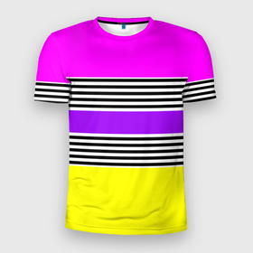 Мужская футболка 3D Slim с принтом Яркие неоновые полосы в сочетании с черно белыми полосками. в Тюмени, 100% полиэстер с улучшенными характеристиками | приталенный силуэт, круглая горловина, широкие плечи, сужается к линии бедра | neon stripes | stripes | желтый неоновый | неоноые полосы | полосаты узор | розовый неоновый