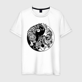 Мужская футболка хлопок с принтом Дракон   тигр, инь и янь в Новосибирске, 100% хлопок | прямой крой, круглый вырез горловины, длина до линии бедер, слегка спущенное плечо. | dragon | dragons | tiger | дракон | дракончик | драконы | животное | зверь | змий | кошачие | кошачий | крупная кошка | мифическое существо | тигр | тигринный | тигрица | тигры | хищник | царь зверей
