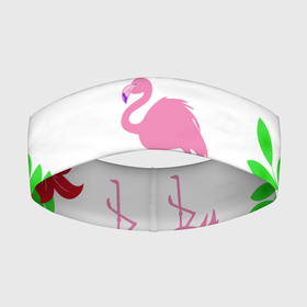 Повязка на голову 3D с принтом Розовый фламинго с цветами в Санкт-Петербурге,  |  | flamingo | flower | pink | птицы | растения | розовый | тропики | тропический | фламинго | цветы