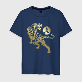 Мужская футболка хлопок с принтом Путь золотого тигра в Новосибирске, 100% хлопок | прямой крой, круглый вырез горловины, длина до линии бедер, слегка спущенное плечо. | tiger | животное | зверь | кошачие | кошачий | крупная кошка | тигр | тигринный | тигрица | тигры | хищник | царь зверей