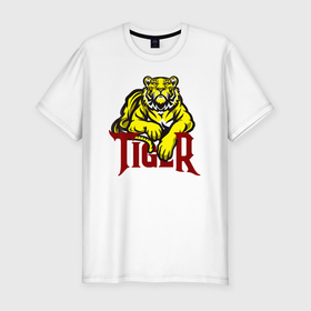 Мужская футболка хлопок Slim с принтом Тигр взгляд с прищуром в Санкт-Петербурге, 92% хлопок, 8% лайкра | приталенный силуэт, круглый вырез ворота, длина до линии бедра, короткий рукав | tiger | животное | зверь | кошачие | кошачий | крупная кошка | тигр | тигринный | тигрица | тигры | хищник | царь зверей