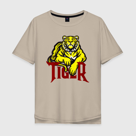 Мужская футболка хлопок Oversize с принтом Тигр взгляд с прищуром в Курске, 100% хлопок | свободный крой, круглый ворот, “спинка” длиннее передней части | tiger | животное | зверь | кошачие | кошачий | крупная кошка | тигр | тигринный | тигрица | тигры | хищник | царь зверей