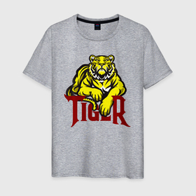 Мужская футболка хлопок с принтом Тигр взгляд с прищуром в Новосибирске, 100% хлопок | прямой крой, круглый вырез горловины, длина до линии бедер, слегка спущенное плечо. | tiger | животное | зверь | кошачие | кошачий | крупная кошка | тигр | тигринный | тигрица | тигры | хищник | царь зверей