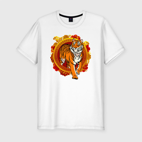 Мужская футболка хлопок Slim с принтом Тигр выходит из груди в Санкт-Петербурге, 92% хлопок, 8% лайкра | приталенный силуэт, круглый вырез ворота, длина до линии бедра, короткий рукав | tiger | животное | зверь | кошачие | кошачий | крупная кошка | тигр | тигринный | тигрица | тигры | хищник | царь зверей
