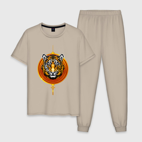 Мужская пижама хлопок с принтом Амулет с тигром в Новосибирске, 100% хлопок | брюки и футболка прямого кроя, без карманов, на брюках мягкая резинка на поясе и по низу штанин
 | tiger | животное | зверь | кошачие | кошачий | крупная кошка | тигр | тигринный | тигрица | тигры | хищник | царь зверей