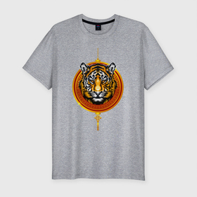 Мужская футболка хлопок Slim с принтом Амулет с тигром в Новосибирске, 92% хлопок, 8% лайкра | приталенный силуэт, круглый вырез ворота, длина до линии бедра, короткий рукав | tiger | животное | зверь | кошачие | кошачий | крупная кошка | тигр | тигринный | тигрица | тигры | хищник | царь зверей