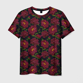 Мужская футболка 3D с принтом Темно красные пионы на темном фоне в Екатеринбурге, 100% полиэфир | прямой крой, круглый вырез горловины, длина до линии бедер | flowers | peonies | peony | red peonies | ботаника | красные пионы | красные цветы | пион | пионы | природа | растения | растительный | темно красные пионы | темно красные цветы | цветочный | цветы