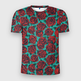 Мужская футболка 3D Slim с принтом Розы тату , 100% полиэстер с улучшенными характеристиками | приталенный силуэт, круглая горловина, широкие плечи, сужается к линии бедра | паттерн | роза | тату | цветы | шипы